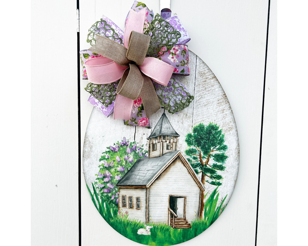 Easter Egg Door Wreath with Church, Wood Porch Decoration, spring mantle decor,